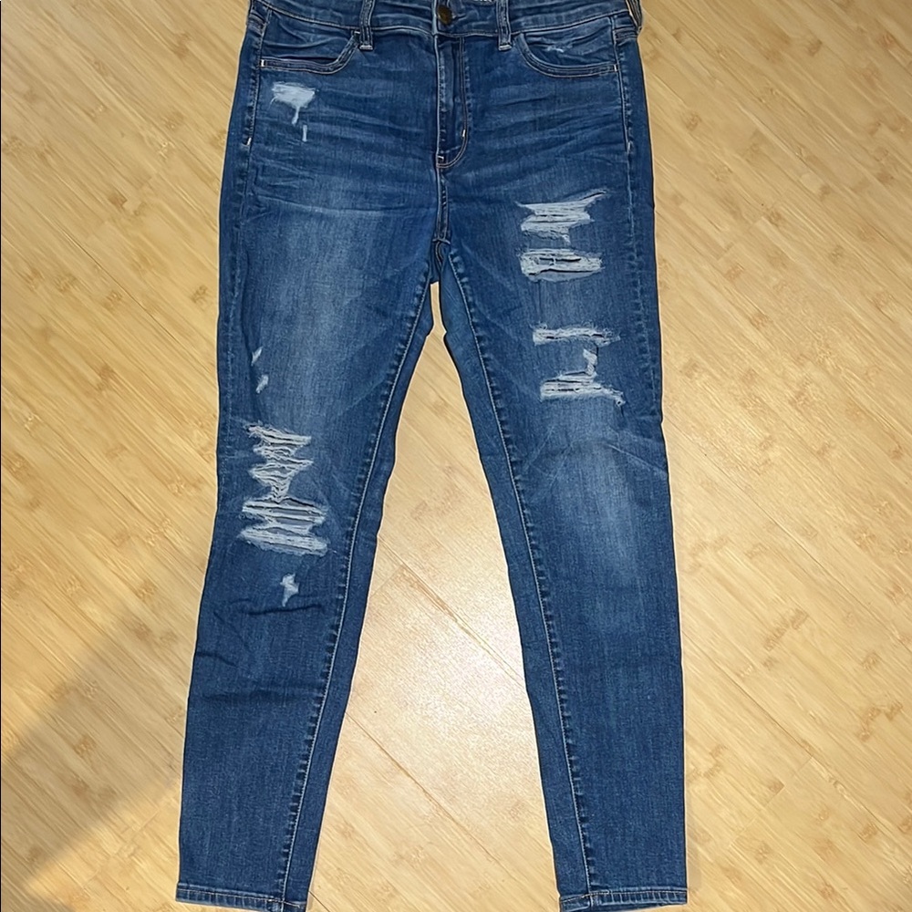 American Eagle Blue Skinny Jeans “Hi Rise Jeggings” with Distressed Details